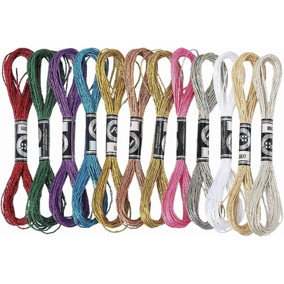 12 Skeins 12 Colors Metallic Embroidery Floss Colorful Glitter Stitch Tassel Thread Polyester Friendship Bracelets Shimmer Crewel String Bulk Set for Hand Sewing Making Knitting Craft