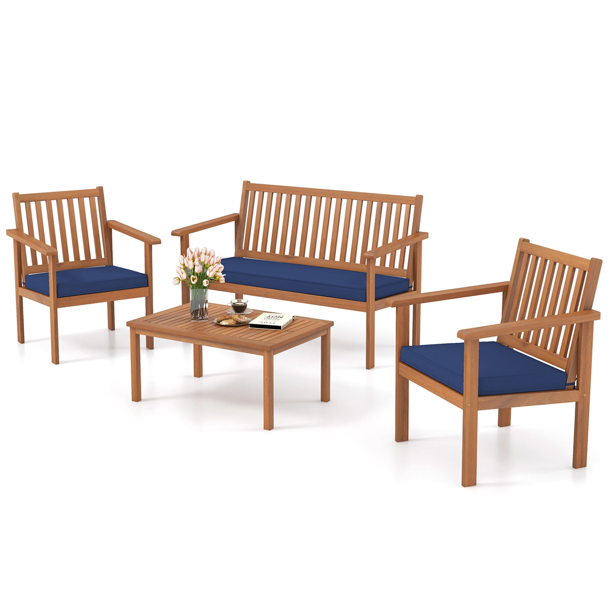 Costway 4 PCS Patio Wood Furniture Set with Loveseat, 2 Chairs & Coffee Table for Porch Navy