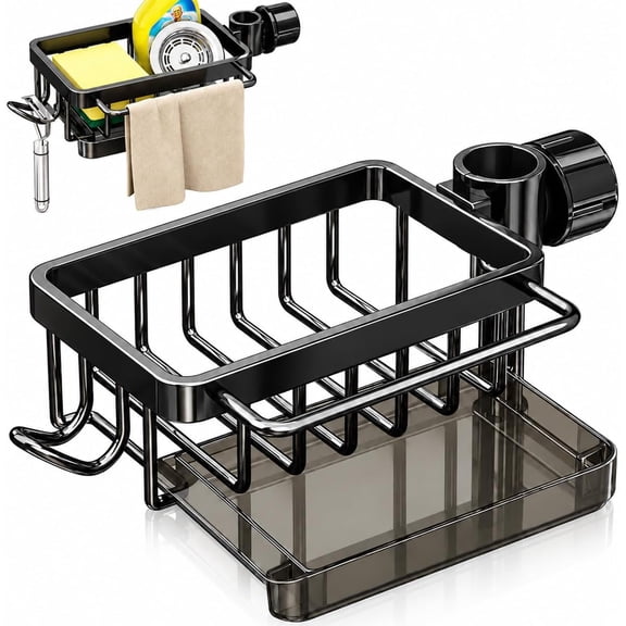LEOFI Faucet Sink Organizer Rack, Aluminum Sink Caddy with Drain Basket, Drip Tray, Towel Bar and Hooks, Black