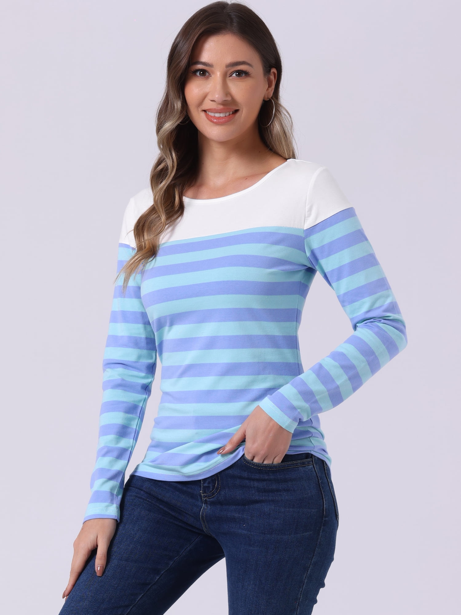 DARING DIVA Women's Color Block Striped Knit Top Long Sleeves T-Shirt L Dark Light Blue