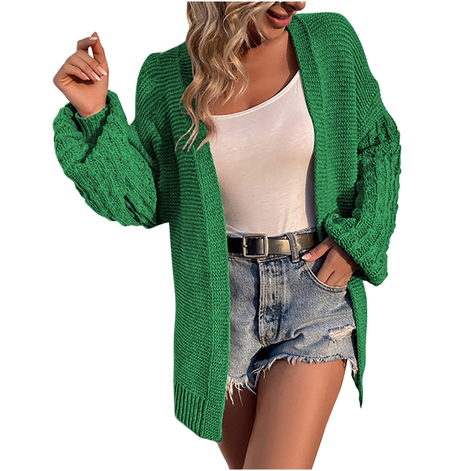 Women's Lantern Long Sleeve Open Front Knit Cardigan Sweater Coat Solid  Color Casual Loose Comfy Long Fall Outwear