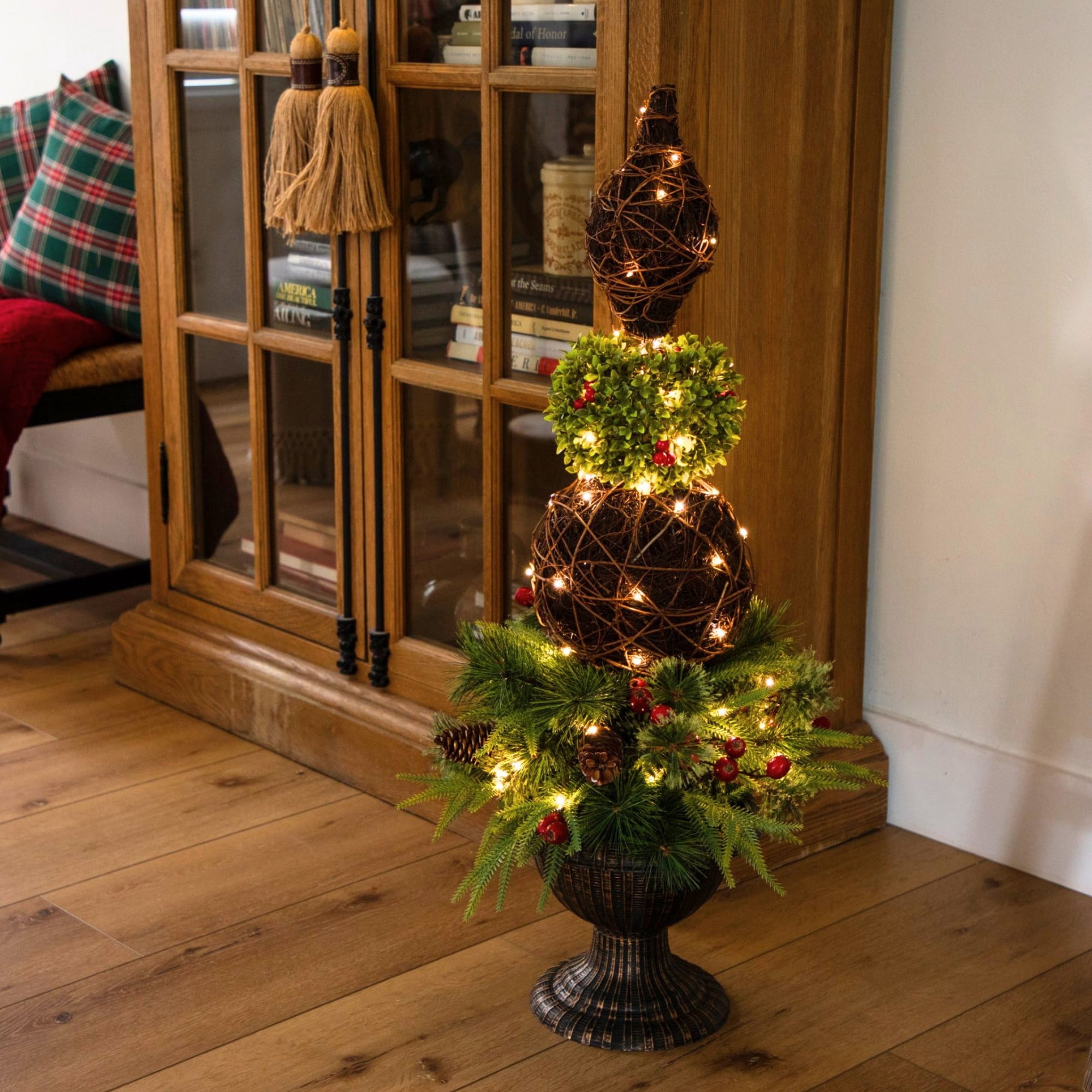 3ft. Pre-Lit Artificial Finial Boxwood Ornament Mixed Pine Topiary Christmas Tree with 70 LED Lights in Decorative Urn