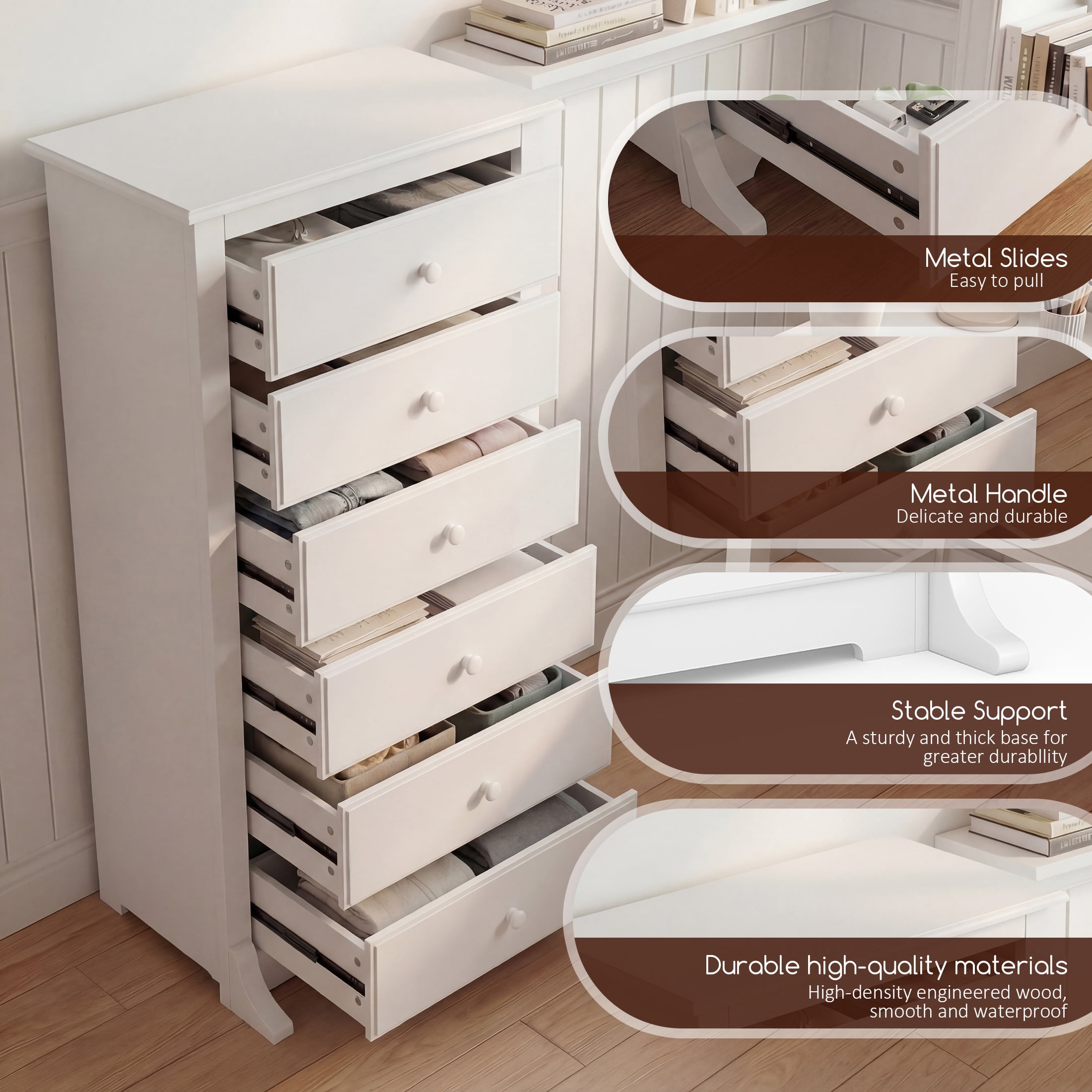 EDX 6 Drawer Wooden Dresser Chest for Bedroom, 19" x 23.25" x 52.75", Storage Cabinet for Living Room Closet, White