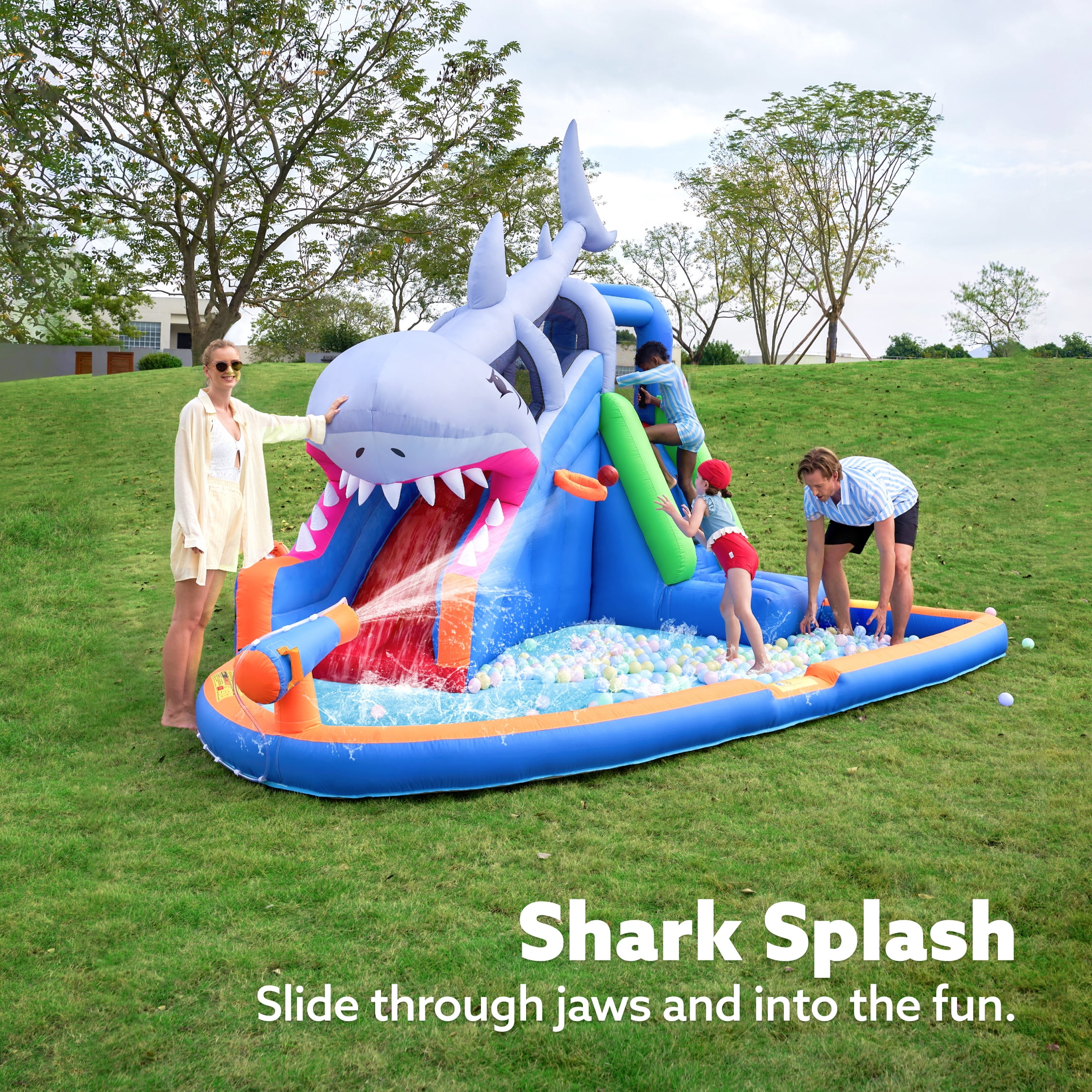 Joyfy Inflatable Water Slide Shark Bouncy House, Kids Bounce House with Splash Pool, Slide, Basketball Hoop, Climbing Wall, Water Cannon, Jumping Castle for Kids 3-12, Indoor & Outdoor