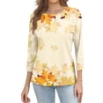 thumbnail image 5 of Womens Crew Neck 3/4 Length Sleeve Tees Fall Leaf Graphic Print Loose Fit Casual Shirts Curved Hem Lightweight Dressy Tunic Tops ,S,Earthy Yellow, 5 of 7