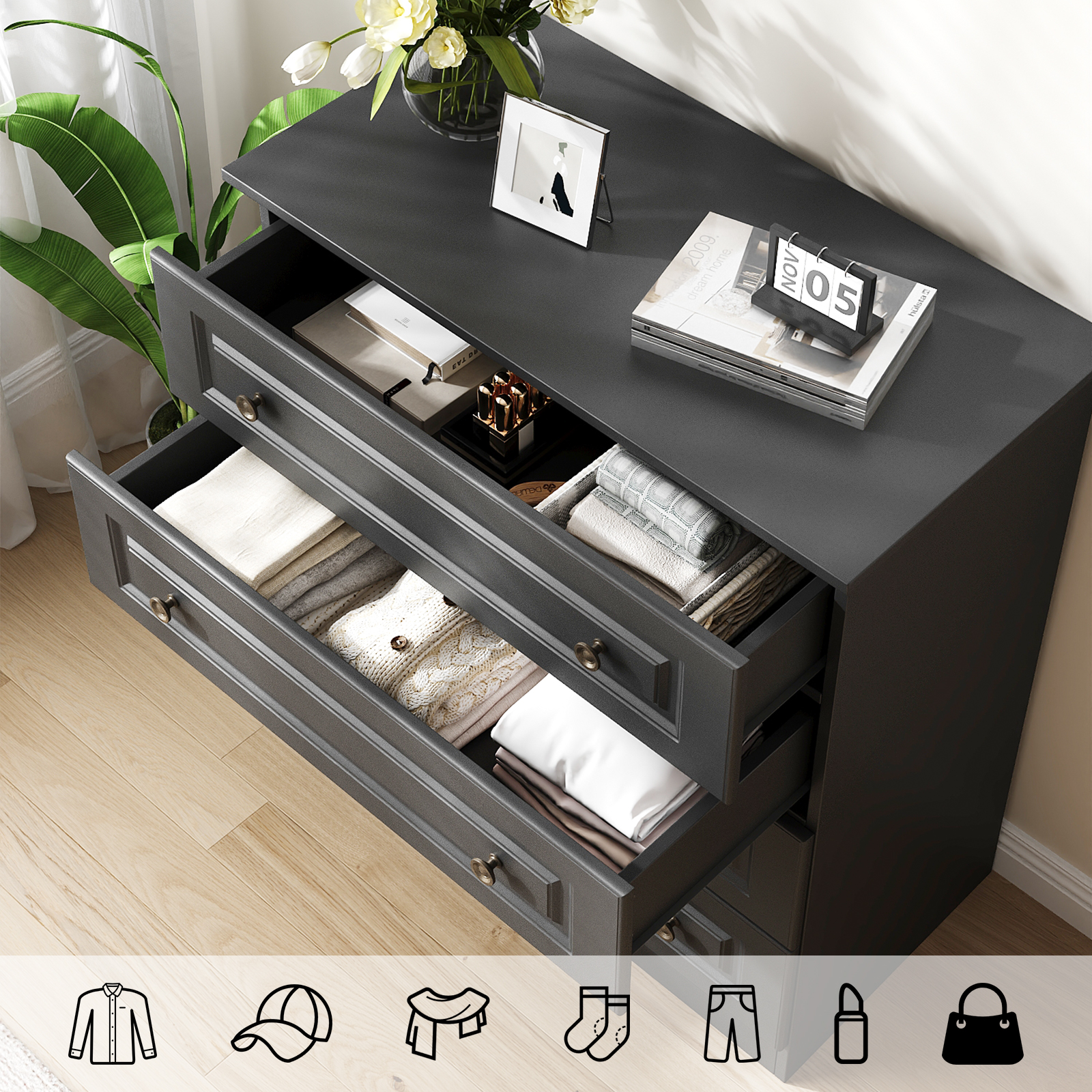 IDEALSOUL 4 Drawer Dresser, Retro Storage Cabinet with Large Space, Chest of Drawers for Bedroom, Hallway, Entryway, Black