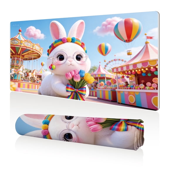 LIVEKEY Mouse Pad 80x40cm Extra Large Non Slip Stitched Durable Easy Clean Cute Bunny Carnival Flowers Rainbow Headband for Gaming Office