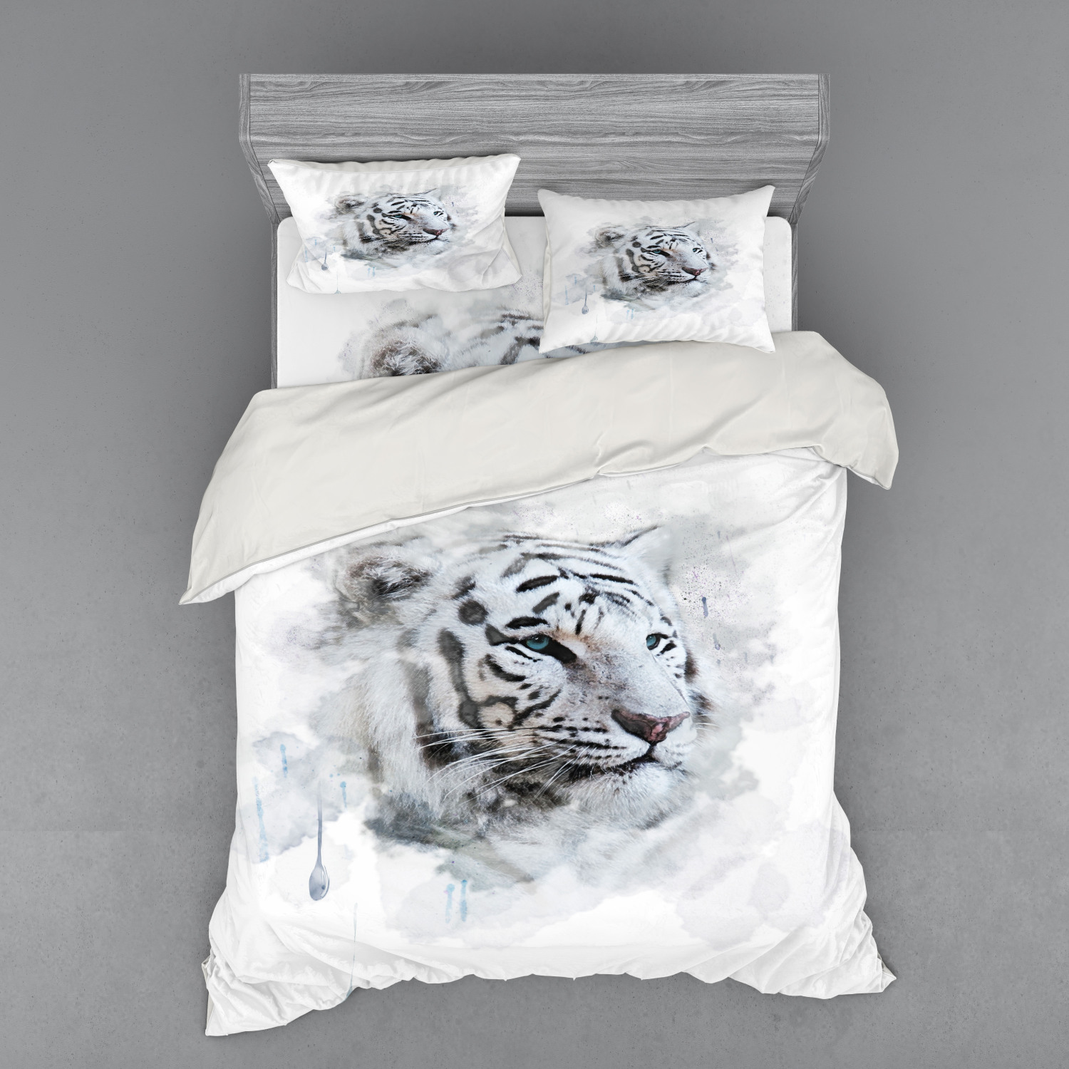 Ambesonne Animal Bedding Set 4 Pcs, White Tiger Portrait, Queen, Black Grey White