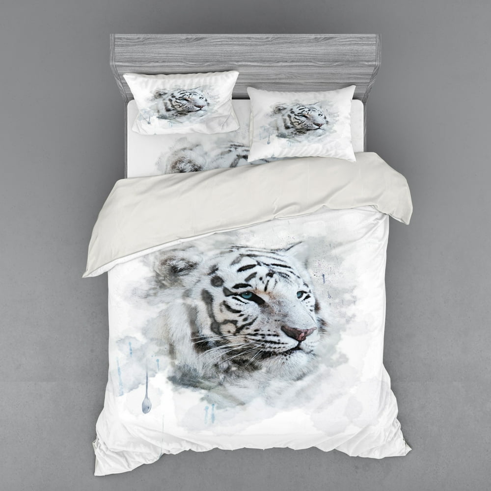 Animal Duvet Cover Set, Portrait of a White Tiger Wild Nature Predator