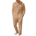thumbnail image 3 of Mens 2 Piece Linen Outfits Long Sleeve Button Down Shirts And Loose Pant Set Summer Beach Outfits with Pockets Summer Beach Yoga Matching Outfits Khaki M, 3 of 6