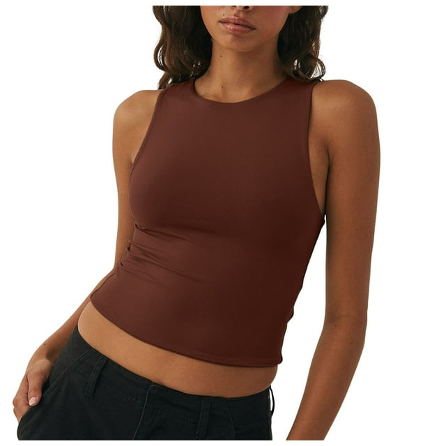 MIASHUI Débardeurs pour Femmes Tendance d'Été à Col Rond Sans Manches Décontractés Basiques, Café, L