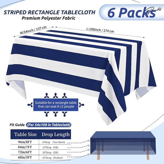 6 Pack Blue and White Striped Tablecloth Rectangle 54x108inch Polyester Fabric Washable Table Cloth for Afternoon Tea Table Birthday Party Picnic Barbecue Gathering Indoor Outdoor Dining Decor