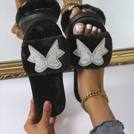 

purcolt Women s Non-Slip Open Toe Fuzzy Slippers Butterfly Pearl Soft Cozy House Slippers Coral Fleece Warm Furry Slides Fluffy Plush Flat Sandals Home Shoes Indoor Outdoor