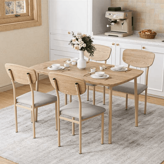 SESSLIFE 5 Pieces Dining Table Set, Modern Kitchen Table and 4 Chairs for Breakfast Small Spaces, Natural and Beige