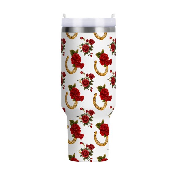 40 oz Tumbler With Handle Stainless Steel Insulated Tumbler With Lid for Car Cup Holder Horseshoe Pattern with Red Roses