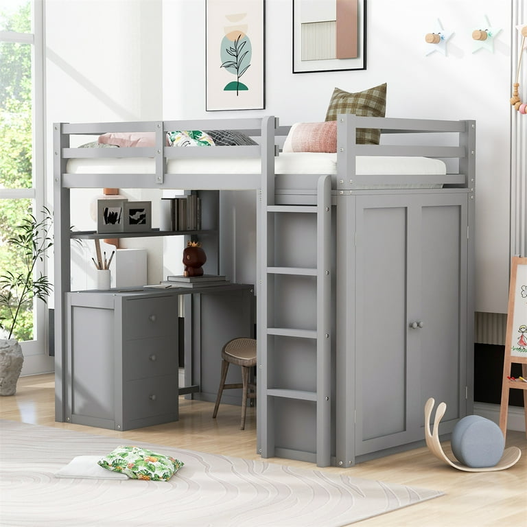 Twin Size Loft Bed Solid Wood Loft Bed Frame with Wardrobe