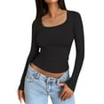 thumbnail image 2 of Womens Long Sleeve Shirts Fall Fashion Crop Tops Basic Layer Slim Fit Y2K Clothes 03-Black XS, 2 of 5