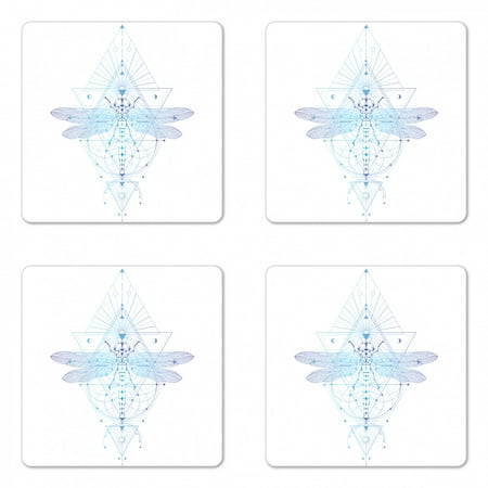 

Dragonfly Coaster Set of 4 Sacred Geometry Shapes Centered Insect on Plain Backdrop Tattoo Square Hardboard Gloss Coasters Standard Size Lavender Blue and White by Ambesonne