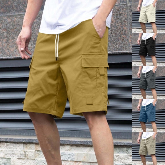 RYDCOT Mens Lightweight Cotton Loose Full Elastic Waist Twill Cargo Short with Drawstring Khaki
