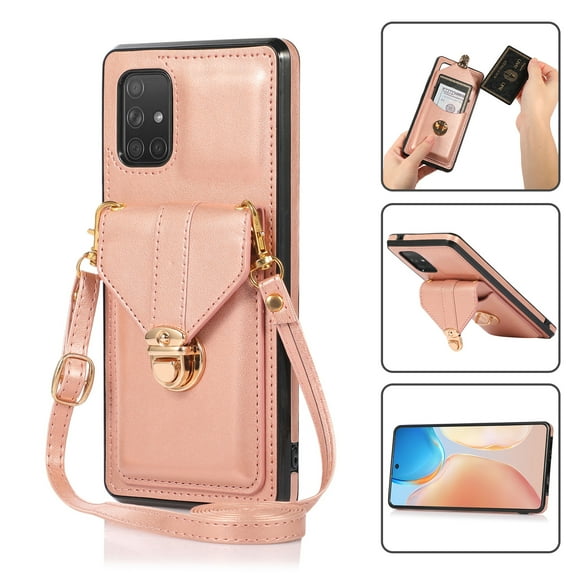 Crossbody Wallet Women Case for Samsung A51 4G,[RFID Blocking] Credit Card Holder with Should Strap,Premium PU Leather Purse Metal Buckle Folio Flip Cover for Samsung Galaxy A51 4G, Rosegold
