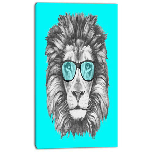 Design Art 'Funny Lion with Blue Glasses' Graphic Art on Wrapped Canvas -  