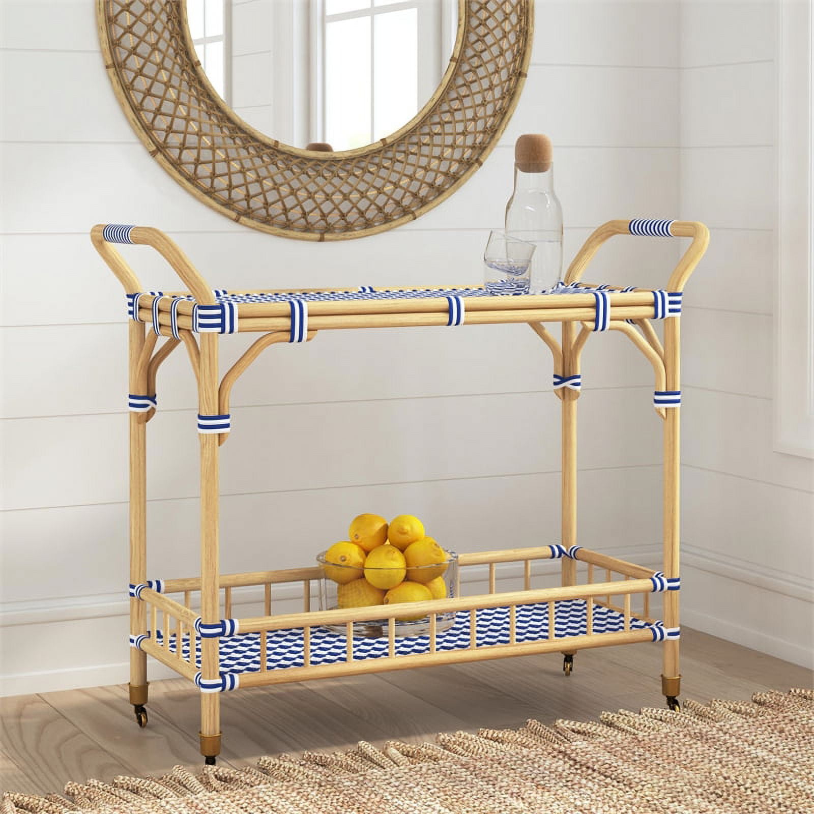 Bowery Hill Transitional Selena Rattan Bar Cart in Blue and White