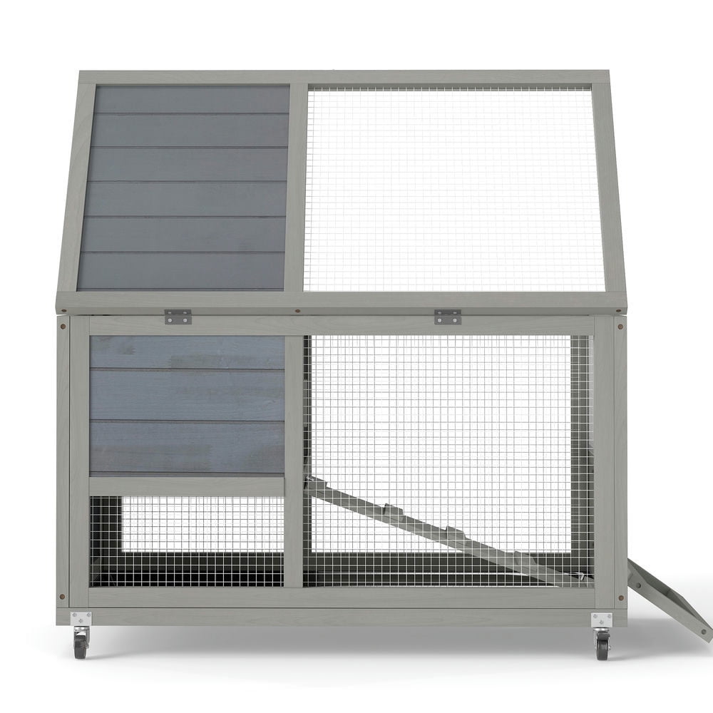 Resenkos 2-Tier Rabbit Hutch, Wooden Cage with Rollers, Removable Roof, Stairs, Easy-Clean Tray, Guinea Pig Home, Gray With Colorful Patterns