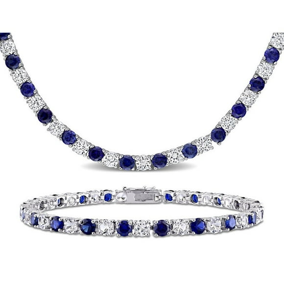 47 Carat (ctw) Lab-Created Blue and White Sapphire Bracelet Necklace Set in Sterling Silver