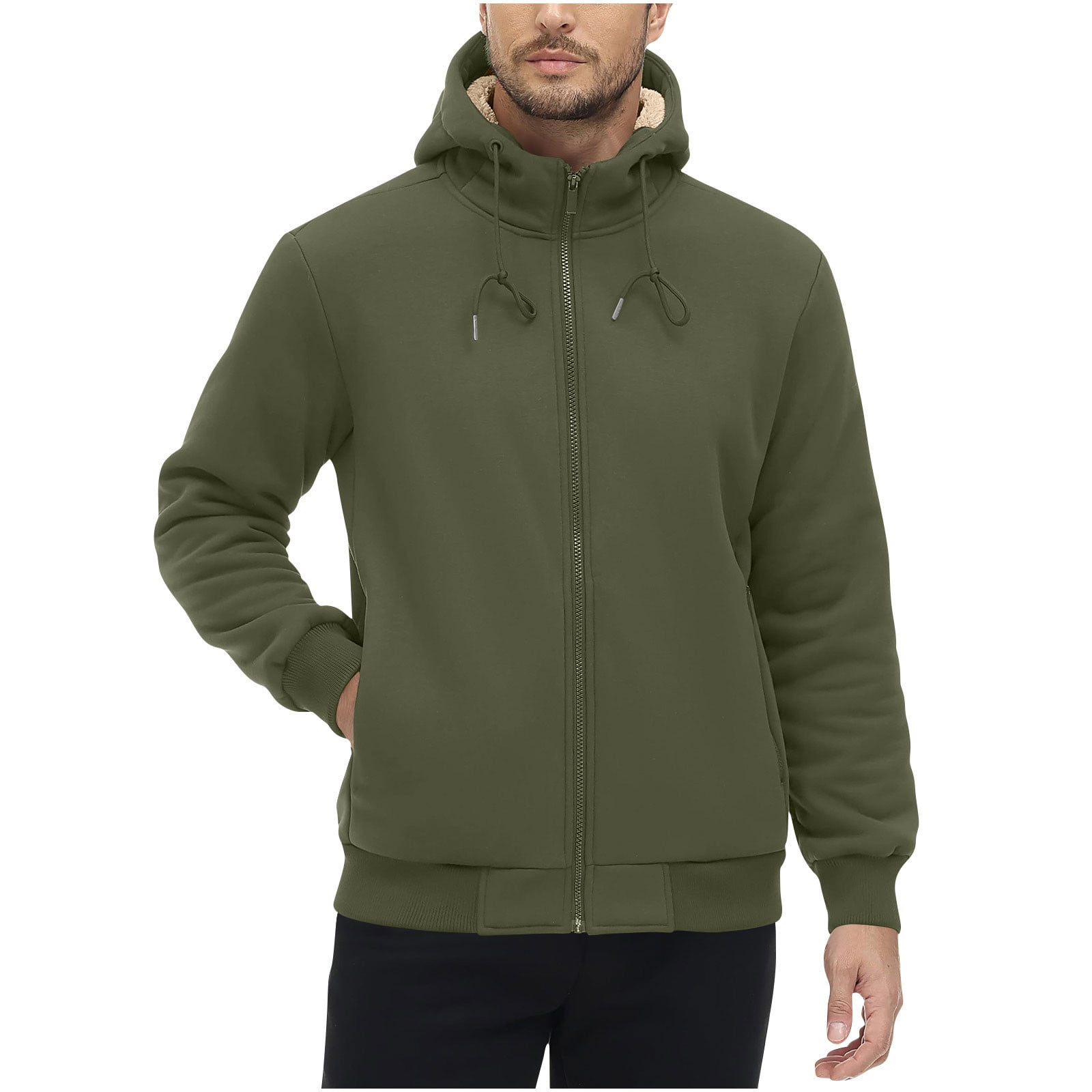 GuangCheng Mens Sherpa Lined Hoodies,Full Zip,Hooded Sweatshirts,with Plush Fleece Interior,Army Green,S