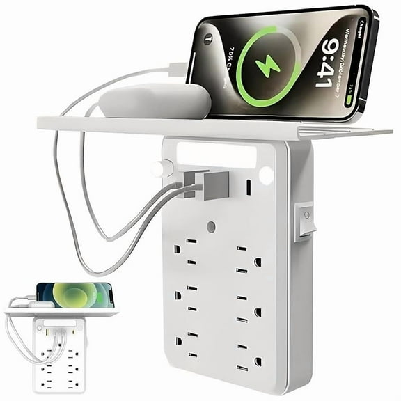 Wall Outlet Extender with Shelf, Flat Wall Outlet Extender with Shelf Night Light, Power Socket Expander Multi 11-in-1 Flat Plug 3 USB & 1usb C Charging Ports for Home & Dorm Plug(1PC)