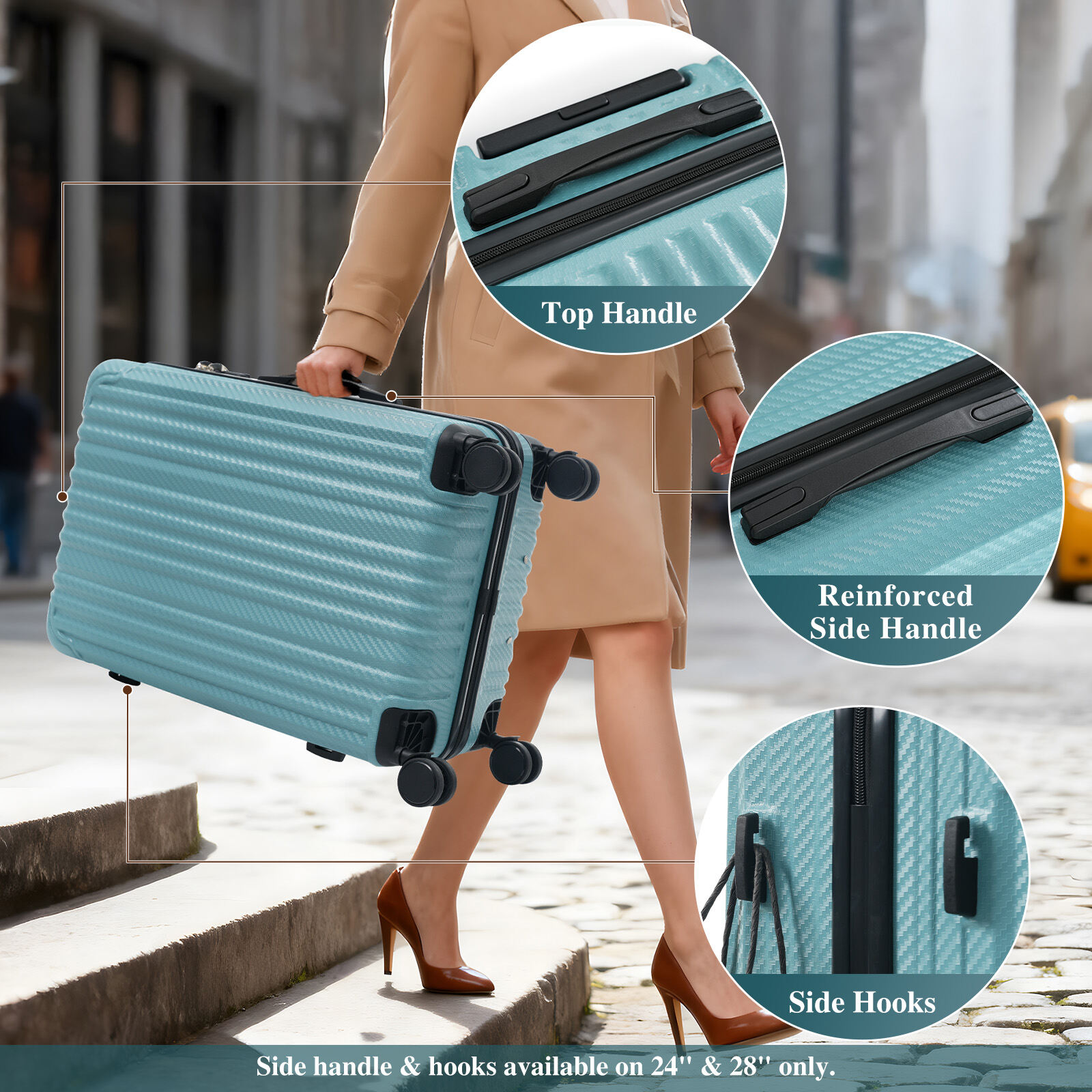 Hardside Luggage 3-Piece Luggage Set, Durable Hardshell ABS Suitcase with Spinner Wheels, TSA Lock, Side Hooks, Lightweight Carry-On & Checked Luggage,Hardside Carry On Luggage