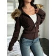 thumbnail image 6 of Women'S Zip Up Cardigan Sweater Cable Faux Fur Hoodies Long Sleeve Jacket Knit Outfits Y2K Brown XL, 6 of 7