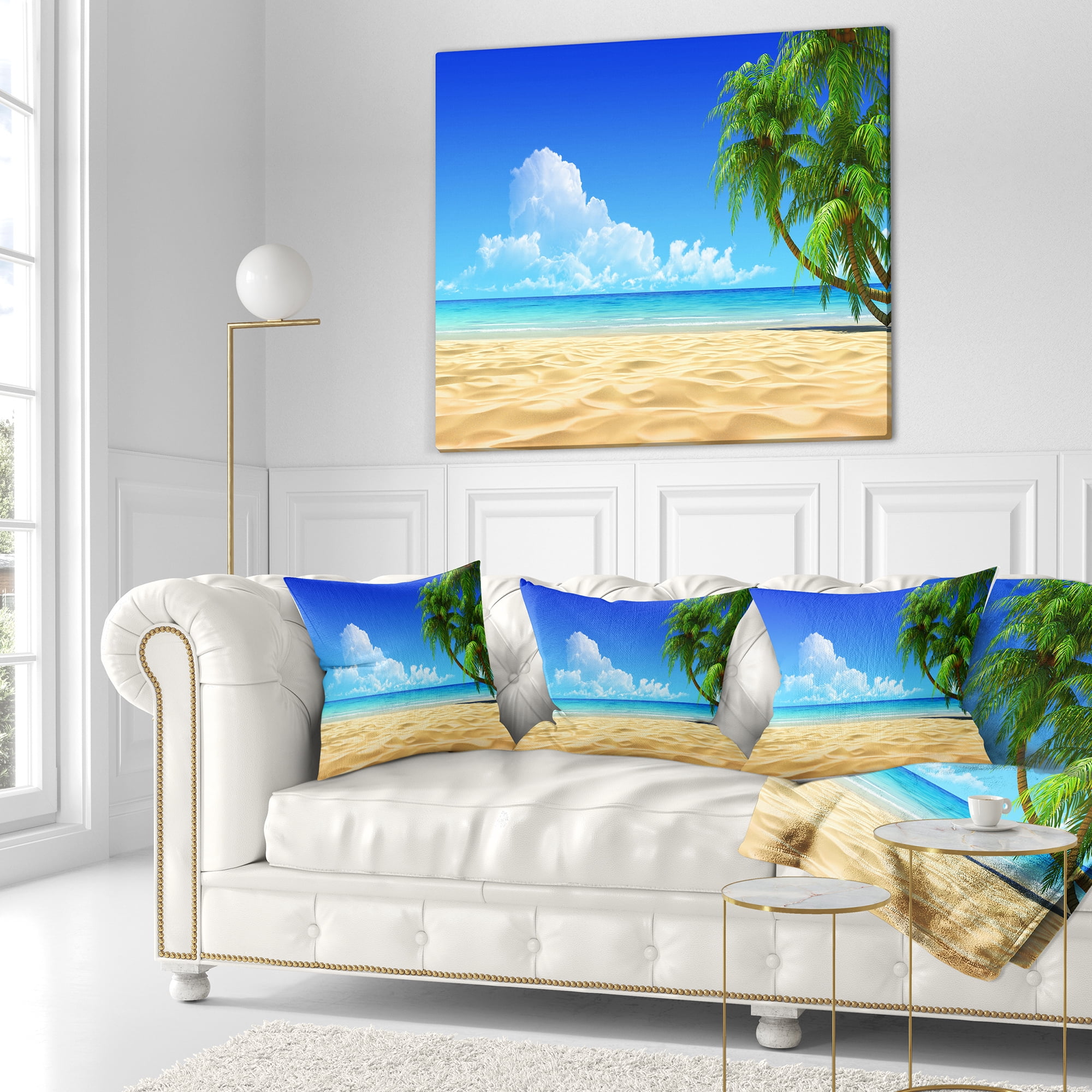 Designart Coconut Palms Bent into Beach - Seashore Throw Pillow - 18x18