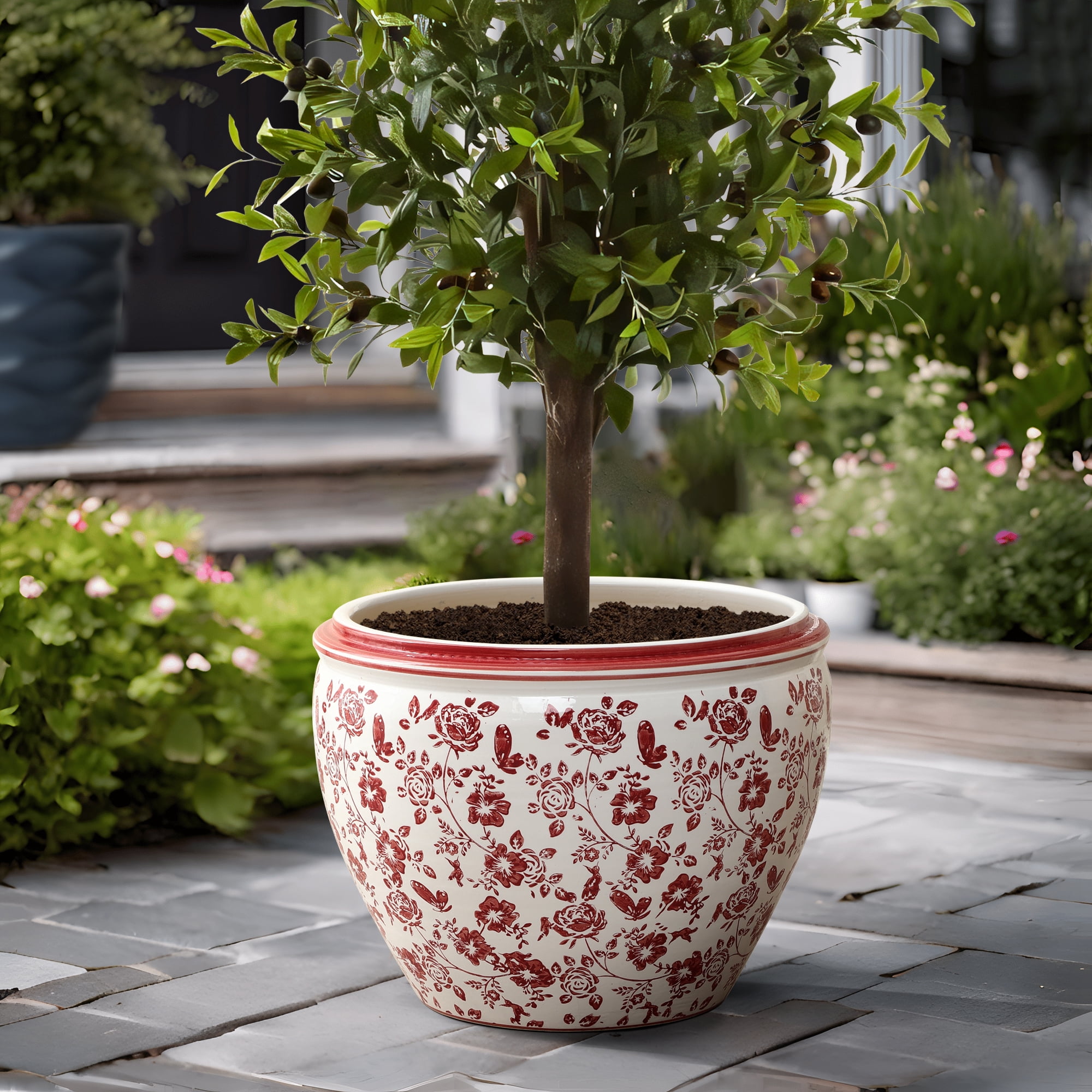 LuxenHome 17" Dia Red and White Round Planter Pot, Large Ceramic Flower Pot with Drainage