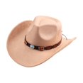 thumbnail image 2 of Vintage Wide Brim Felt Cowboy Hat with Decorative Hat Band, Classic Western Style Fedora Cowgirl Hat, Lightweight Outdoor Travel Party Costume Hat for Men Women Beige, 2 of 7