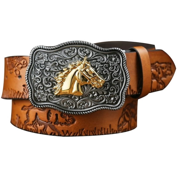 Wiywef Western Leather Buckle Belts Cowboy Horse Pattern Leather Buckle Belt Floral Engraved Buckle Belt for Men Women