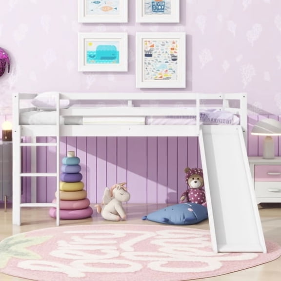 Twin Low Loft Bed with Slide and Ladder, Rubber Wood Loft Bed with Safety Guardrails and Under-Bed Space for Bedroom, Playroom, White