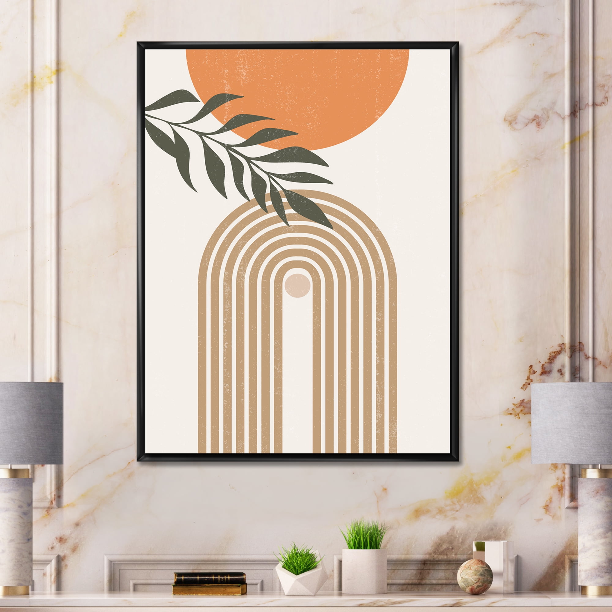 Designart 'Abstract Moon Sun Leaves I' Modern Framed Canvas Wall Art Print
