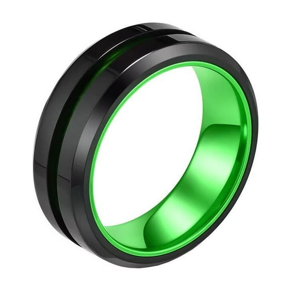 PAMTIER Men's Stainless Steel Domineering Cool Matte Brushed Groove Top Middle Engraved Line Two-Tone Stainless Steel Ring Beveled Edge Green Size 9