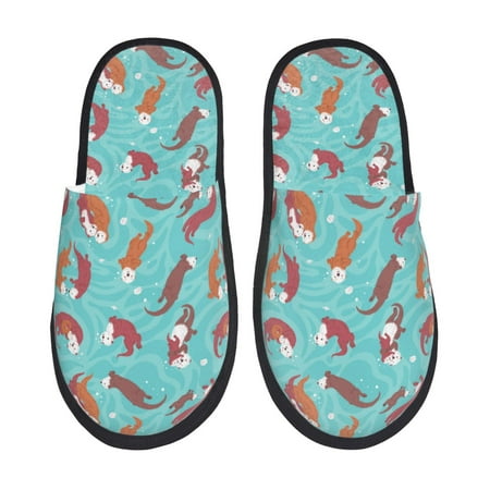 Balery Sea Otters Family In Blue Water Slient Indoor Furry Fleece Comfort House Shoes Soft Non-Slip Home Shoes Cotton slippers House Slippers-- Medium