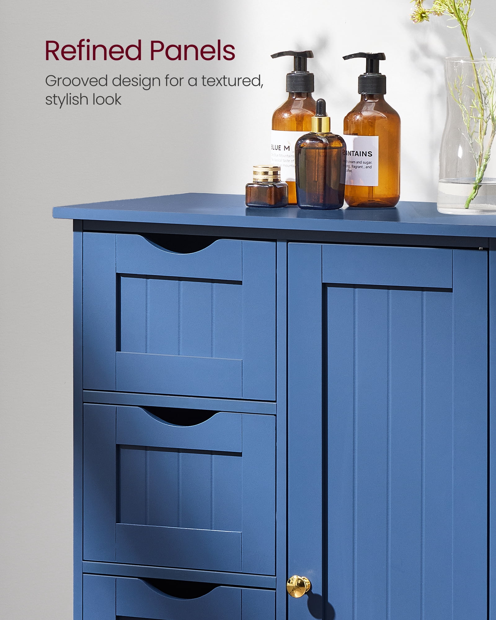 VASAGLE Storage Cabinet with Drawers, Freestanding Floor Cabinet with Door, 11.8 x 21.7 x 32.3 Inches, Adjustable Shelf, Bihou Blue