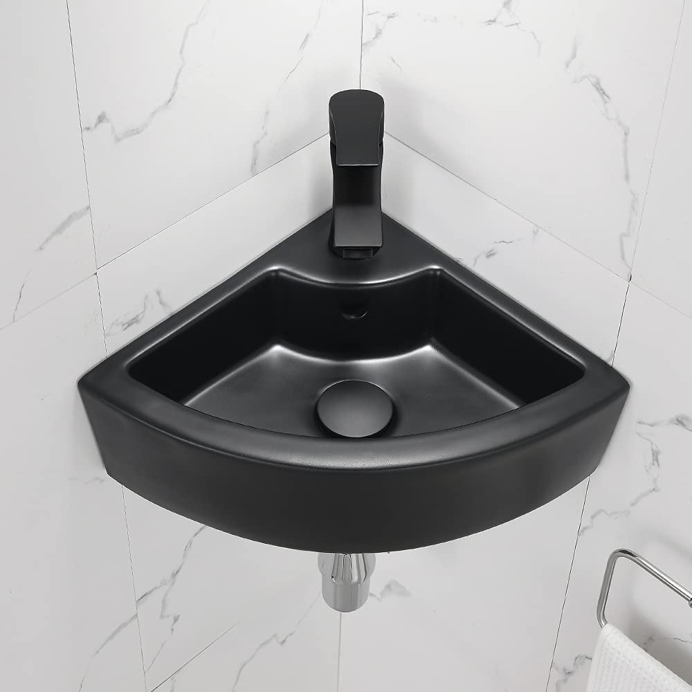 Small Wall Mount Corner Bathroom Sink and Faucet Combo with Overflow