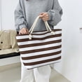 thumbnail image 4 of Hvmvliv Women Striped Canvas Beach Bag,Large Capacity Casual Tote Handbag and Shoulder Bag,Reusable Beach Purse for Beach,Travel,Shopping,Size 13.8X13in Brown, 4 of 9