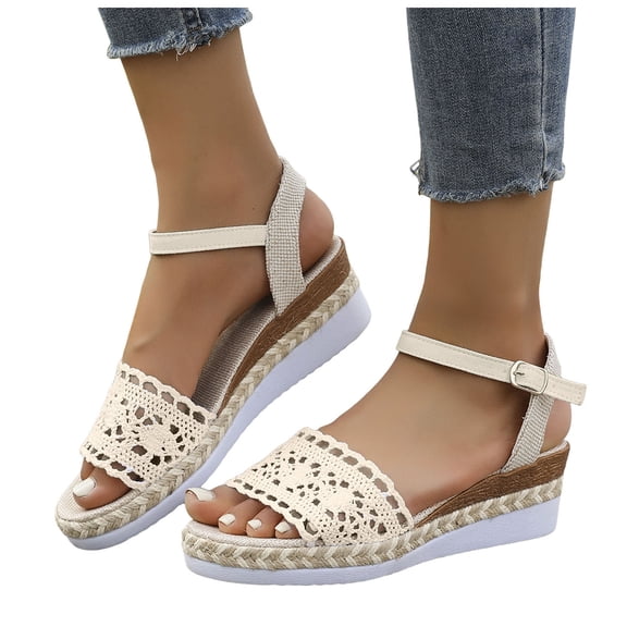 Rokment Women's Crochet Flower Platform Wedge Dress Sandals Beach Boho Fashion Casual Hollow out Espadrilles Chunky High Heel Summer Shoes Bride Wedding Beige Size 6