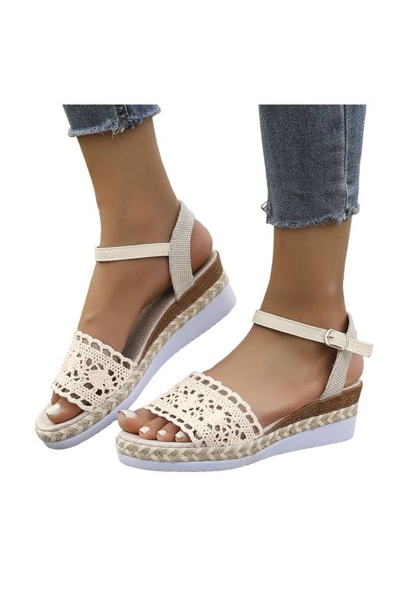 Women's Crochet Flower Platform Wedge Dress Sandals Beach Boho Fashion Casual Hollow out Espadrilles Chunky High Heel Summer Shoes Bride Wedding Beige Size 7.5