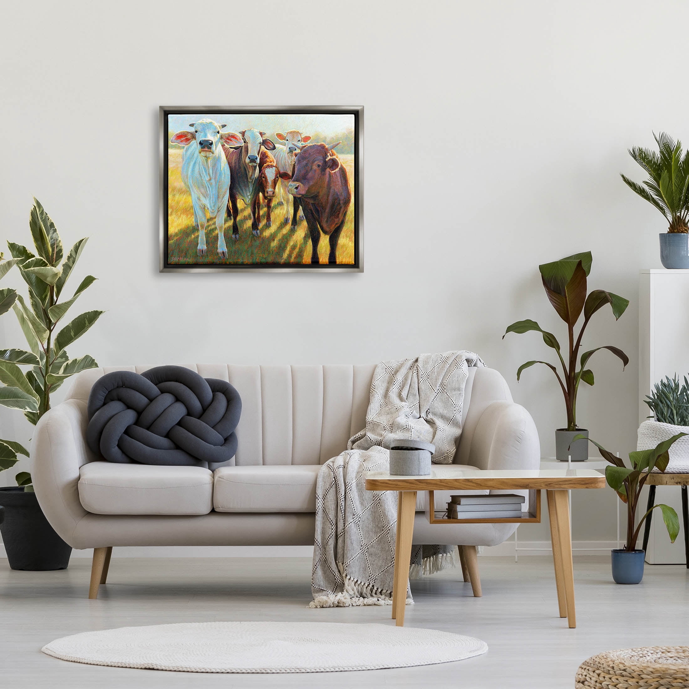 Various Cattle Sunny Farmland Field Animals & Insects Painting Luster Gray Framed Art Print Wall Art