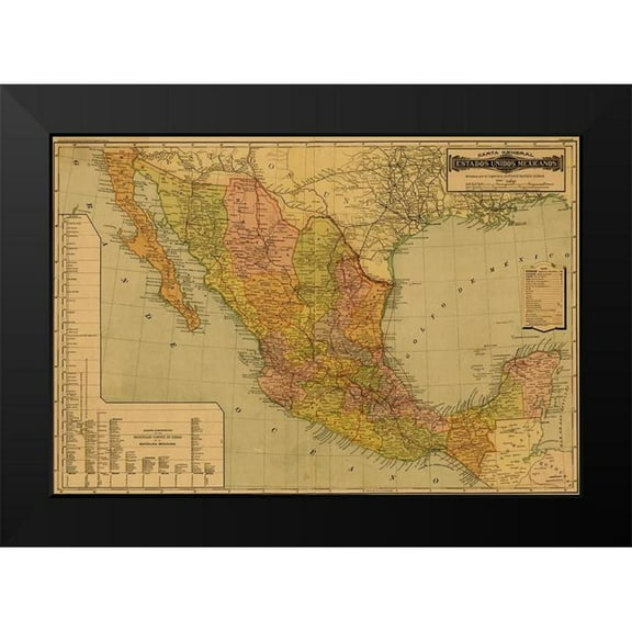 Vintage Maps 14x11 Black Modern Framed Museum Art Print Titled - Mexico