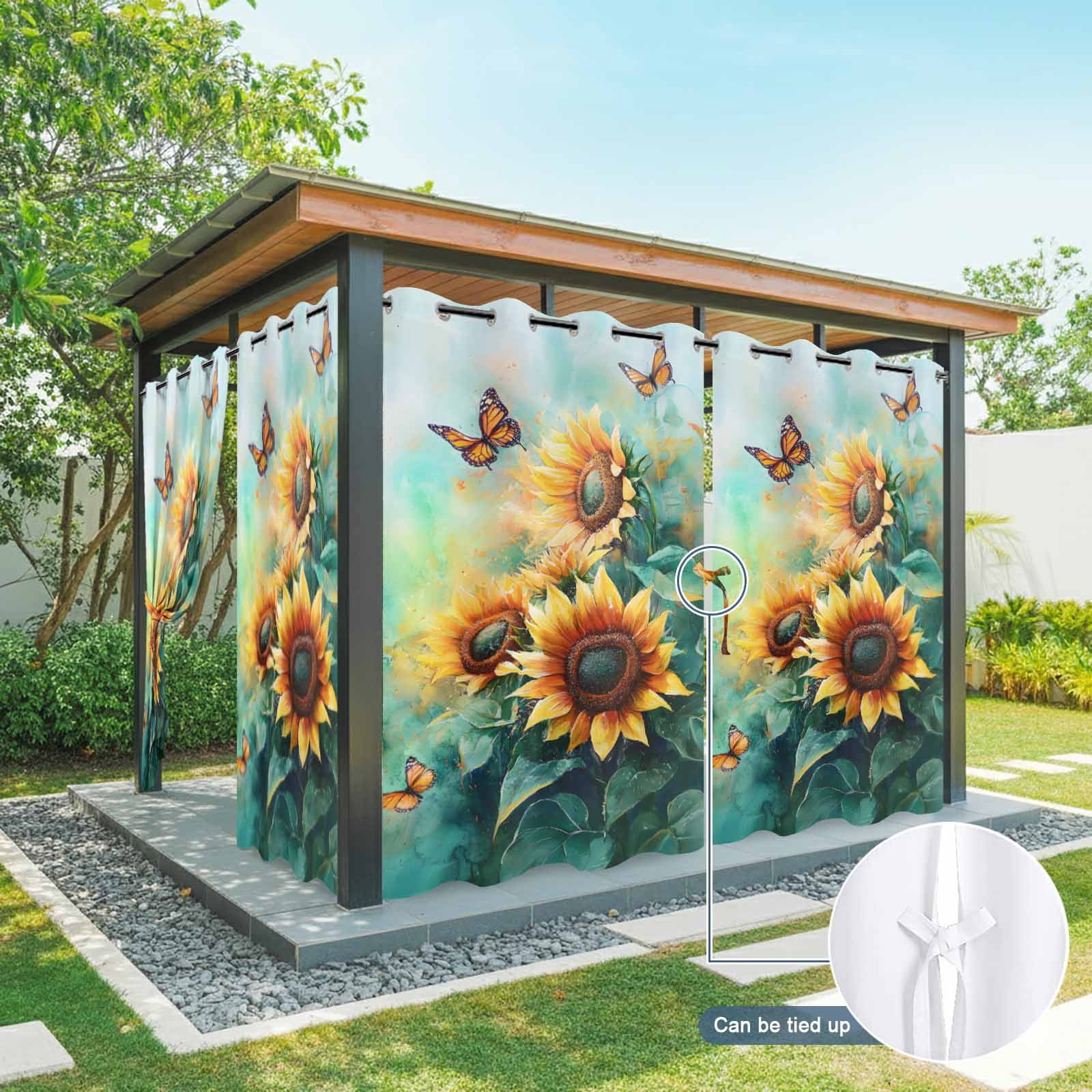 Watercolor Sunflower Outdoor Curtains for Patio Waterproof, Floral Butterfly Teal Green Leaf Grommet Curtains for Porch Outside Privacy Drape for Gazebo Garden Pergola, 2 Panels, 54x108in
