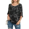 thumbnail image 4 of Chemise Femme Imprimée à Manches Mi-Longues, Col Rond, Chemise Décontractée, Blouse Femme, Noir, Feuille, L, 4 of 6