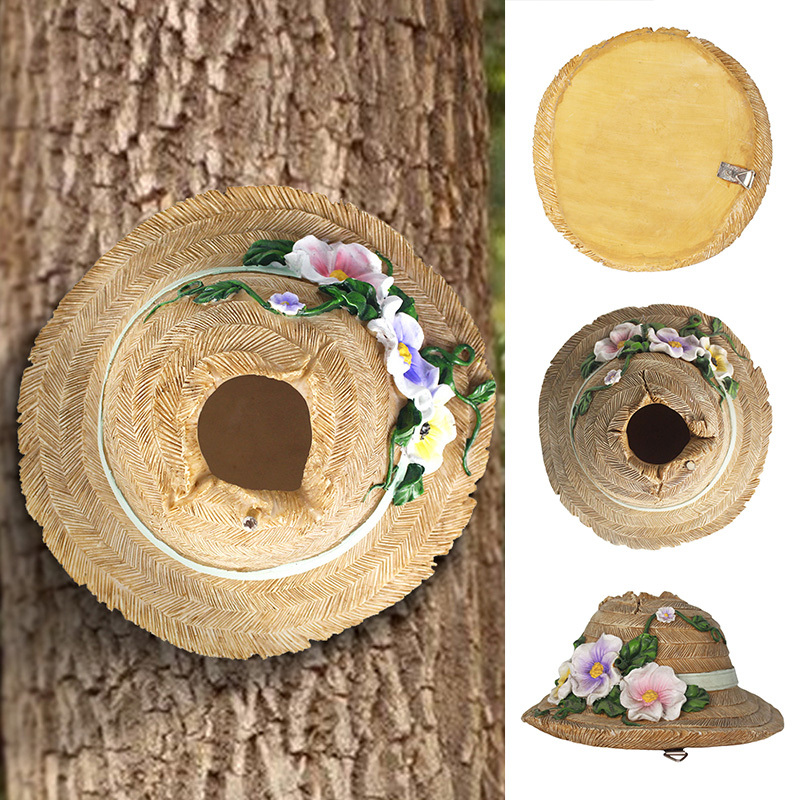 Small Flower Straw Hat Bird Feeder Outdoor Garden Tree Decoration